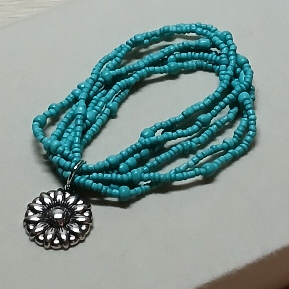 Handmade Turquoise Tone Beaded Bracelet w/ Sunflower Pendant Fashion Jewelry #48 - Picture 8 of 8